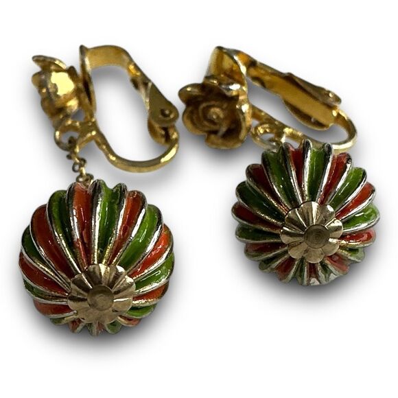 Vintage Gold Tone Rose with Green & Red Drop Dangle Clip On Earrings - Picture 3 of 11